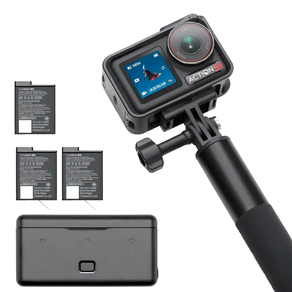 Camara De Accion DJI Osmo Action 5 Pro Pack Aventura 4K Con Sensor 1/1.3 Bateria Aumentada A 12h Con 3 Baterias, Estabilizacion, 2 Pantallas Tactiles OLED