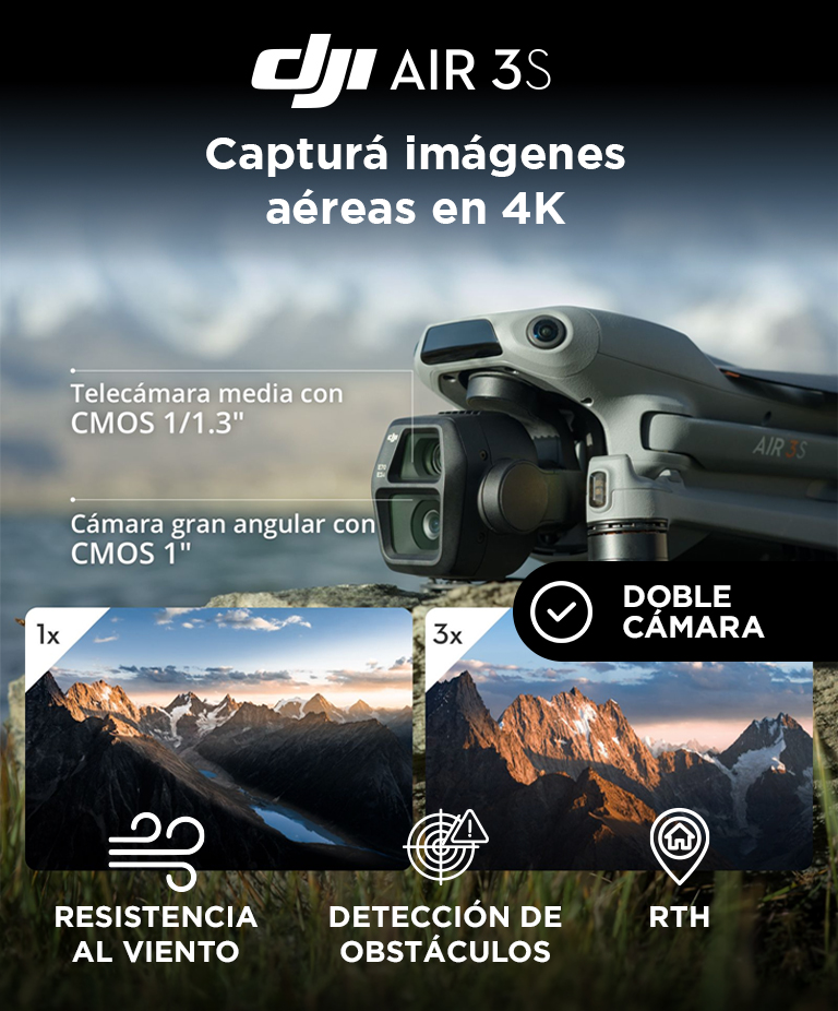 Drone DJI Air 3S Combo Vuela Mas (Control Remoto DJI RC 2) Gran Angular con CMOS 1 y Telecamara Media, 4K/60 fps Deteccion de Obstaculos Omnidireccional - Imagen 2