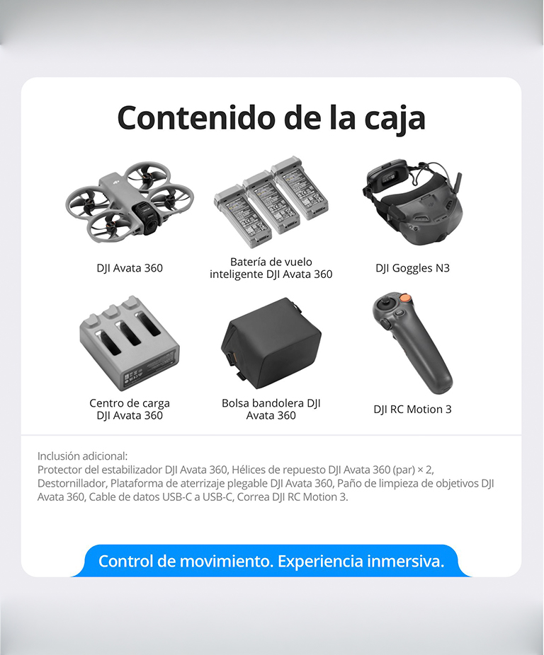 Drone DJI Avata 360 Combo Vuela Mas Motion (DJI RC Motion 3 + DJI Goggles N3 + 3 Baterias de Vuelo Inteligente), Imagen 360° de 1, 8K para FPV y Filmacion Aerea, Protector de Helices, Tiempo de Vuelo Extendido - Imagen 7