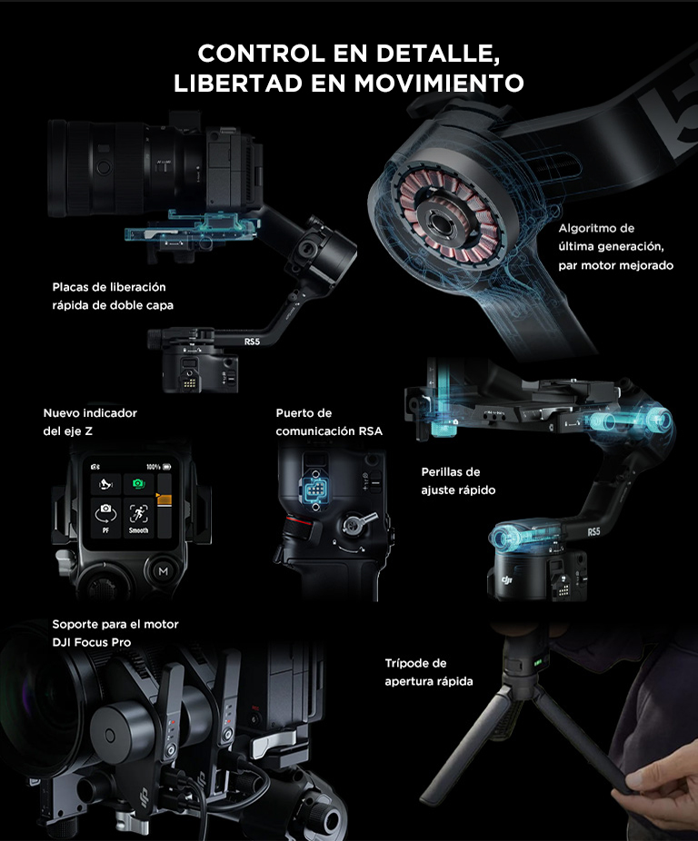 Estabilizador DJI RS 5 Combo Profesional 3 Ejes Carga 3 kg Seguimiento Inteligente Autonomia 14 Horas Pantalla Tactil - Imagen 5